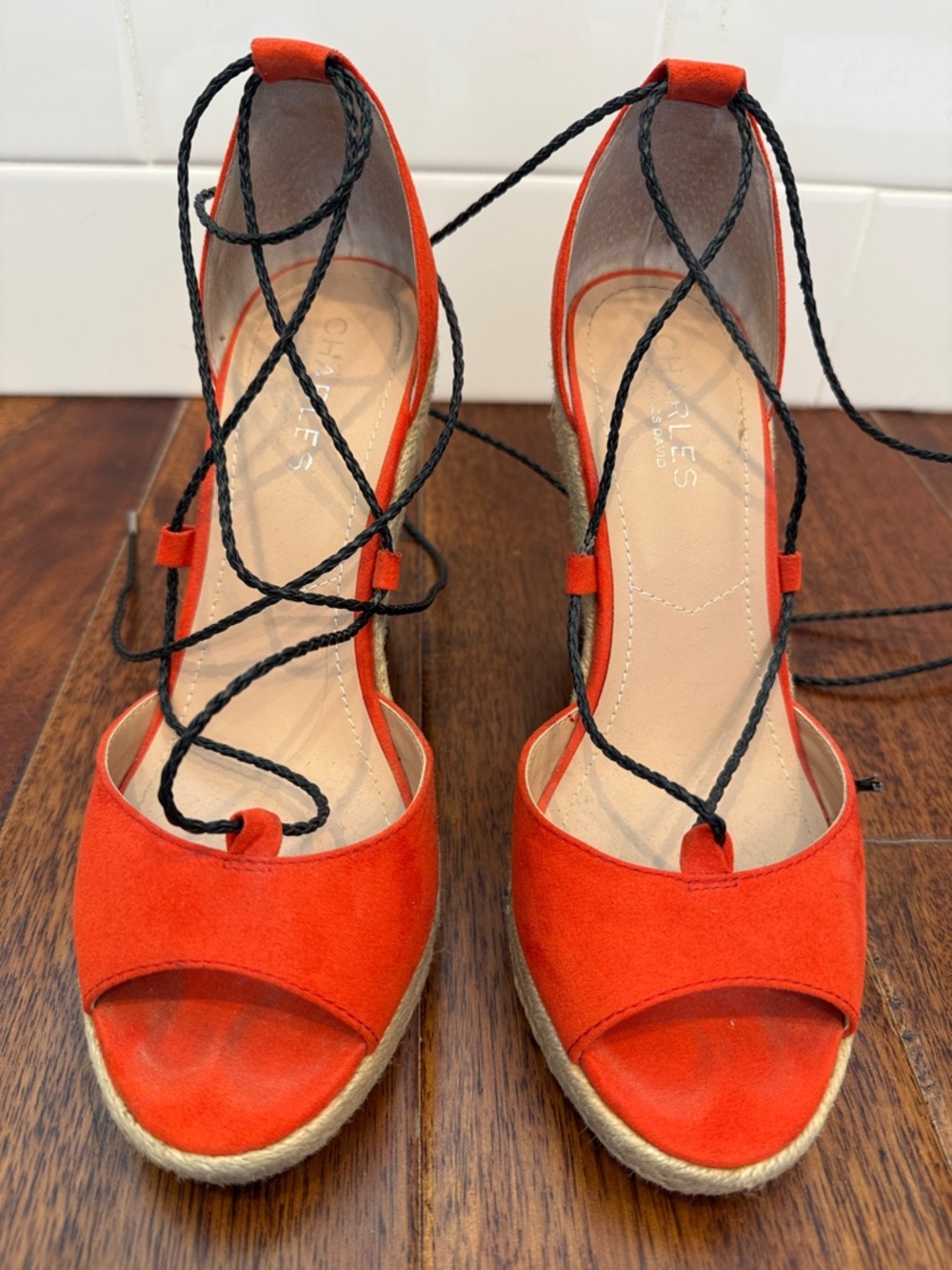 Charles By Charles David Orange Suede Lace-Up Espadrille Wedges